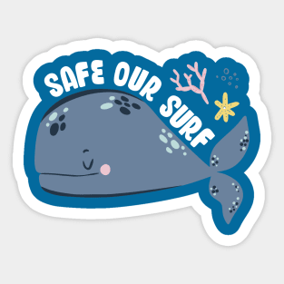 Safe our Surf quote with cute sea animal whale, starfish, coral and shell Sticker